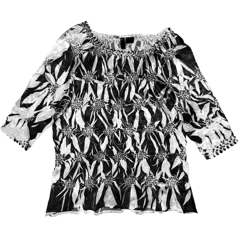 Y2K Popcorn Top XL Black White Sunflower Scrunched 3/4 Sleeve Whimsygoth Funky